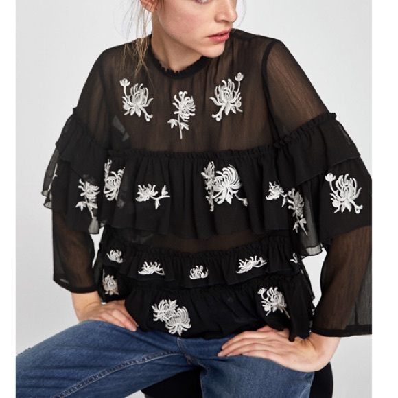 zara embroidered blouse with ruffles